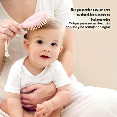 Vista 6 de Juego de cepillo y peine para cabello de bebé para recién nacidos - Juego de cepillos de madera para cabello de bebé con cerdas suaves de cabra