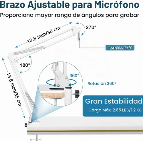 Vista 3 de Brazo de boom blanco para Hyperx Quadcast S, soporte de micrófono Hyperx Quadcast blanco ajustable compatible con Hyperx Quadcast con filtro pop