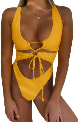 Vista 19 de Traje de baño sexy de una pieza con recortes, encaje, espalda descubierta y corte alto monokini para mujer Azul bebé