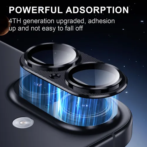 Vista 4 de Korecase Protector de lente de cámara para iPhone 16/iPhone 16 Plus Metal templado vidrio trasero protector de lente compatible con iPhone 16 y Negro