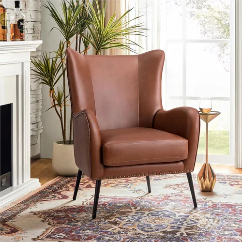 Vista 18 de HULALA HOME Silla decorativa de piel sintética con cojín extraíble, cómodo sillón tapizado con patas de metal negro y ribete de cabeza de clavo