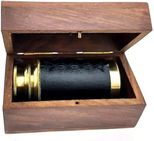 Vista 3 de Explore, Handheld Brass Pirate Navigation Telescopio con caja de madera, 6", Brass