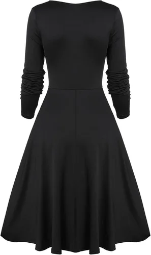 Vista 4 de Vestido renacentista para mujer, vestido gótico negro con calavera, vestido de encaje de manga larga, vestidos de otoño, esqueleto, hippie, fiesta
