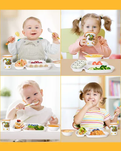 Vista 2 de Lehoo Castle Juego de platos y cuencos para niños, juego de vajilla para niños incluye plato, cuenco, taza y vajilla, hecho de material duradero