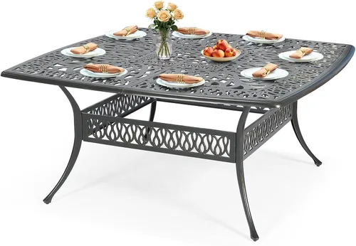 Vista 8 de VIVIJASON Mesa rectangular de comedor para patio al aire libre, mesa de patio grande rústica de aluminio fundido de bronce con agujero para paraguas