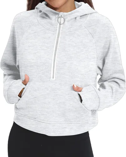 Vista 3 de FKEEP Womens Half Zip Hoodies Quarter Zipper Up Cropped Sweatshirt Long Sleeve Athletic Pullover Tops with Thumb Hole