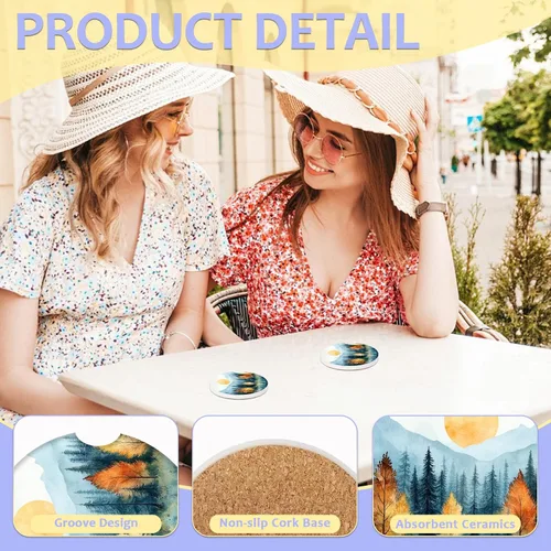 Vista 3 de Paquete de 2 posavasos para automóvil, posavasos abstractos de cerámica absorbente de bosque de montaña, posavasos para portavasos de automóvil