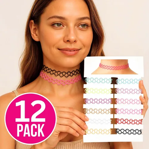 Vista 2 de BodyJ4You Juego de 12 gargantillas elásticas estilo tatuaje, accesorios y joyería de los años 90 y 2000, rosado, azul, verde, colorido, arcoíris