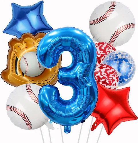 Vista 20 de Globos de béisbol de papel de aluminio para decoración de cumpleaños, globos con el número 2, globos de confeti de estrella roja y azul
