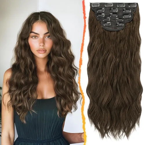 Vista 45 de BARSDAR Extensiones de cabello ondulado con clip negro marrón - 14 pulgadas, extensiones de cabello corto ondulado con clip para mujer - 5 piezas