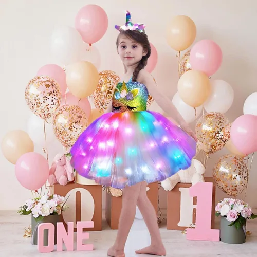 Vista 3 de bDDeDD Disfraces de unicornio iluminados, vestido de unicornio de lentejuelas, vestido de princesa TuTuTu, traje de fiesta de cumpleaños, Halloween