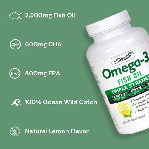 Vista 4 de EffiHealth - Aceite de pescado Omega-3 - Aceite de pescado de triple fuerza de 2500 mg, 1200 mg de EPA, 600 mg de DHA - Apoya la salud del corazón