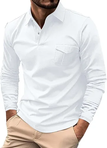 Vista 10 de Polo de manga larga para hombre, diseño casual de algodón con bolsillo, cuello clásico con botón para golf