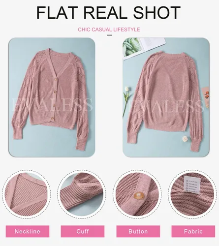 Vista 4 de EVALESS Cárdigan para mujer, cuello en V, retazos de ganchillo, manga larga, con botones, suéter de punto sólido