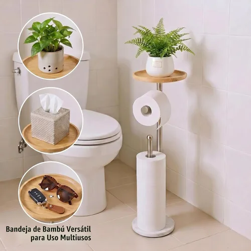 Vista 2 de Soporte para papel higiénico con bandeja grande de bambú de 7.9 pulgadas, base de mármol más pesada de 2.2 libras, soporte de papel de pie