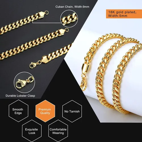 Vista 5 de 18K Real Gold Plated Silver Black Chain Necklace and Bracelets for Men Gifts, Necklace and Bracelet Set for Men Bracelets for Men Cuban Chain for