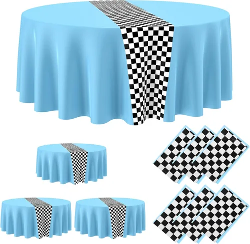 Vista 16 de Oudain 3 piezas de suministros para fiesta de cumpleaños de autos, decoraciones para fiestas de carreras, mantel redondo de carreras con bandera a