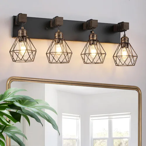 Vista 21 de Lámparas blancas para tocador de baño, luminarias de baño de madera de 2 luces sobre el espejo, apliques rústicos de pared con elegante pantalla