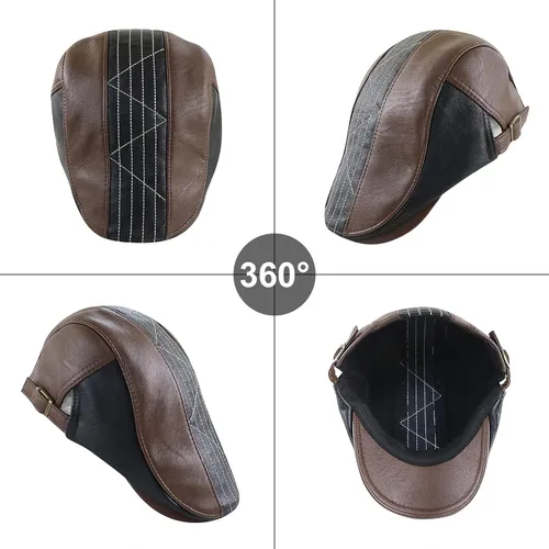 Vista 3 de Panegy Sombrero de periódico para hombre, gorra plana de piel sintética, sombrero de boina ajustable, sombrero de hiedra para conducir golf al aire
