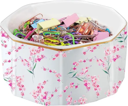 Vista 13 de Portaclips de Cerámica con Línea Dorada Dispensador Organizador de Clips para Escritorio Lindo Patrón de Mármol Terrazo Portaclips de Oficina