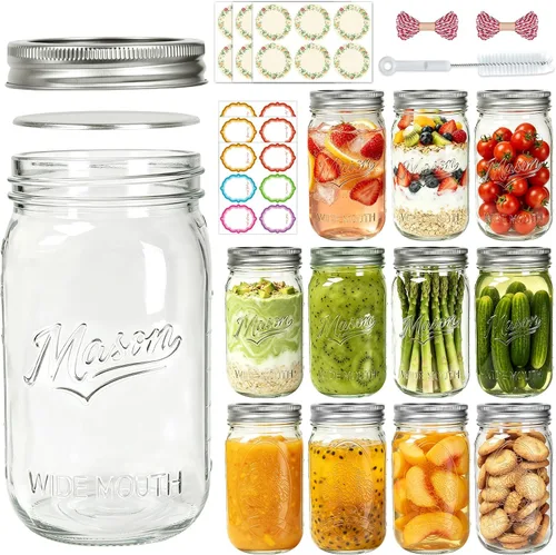 Vista 11 de Tarros Mason de 12 onzas con tapas, paquete de 20 frascos transparentes para almacenamiento de alimentos Transparente-12oz-20
