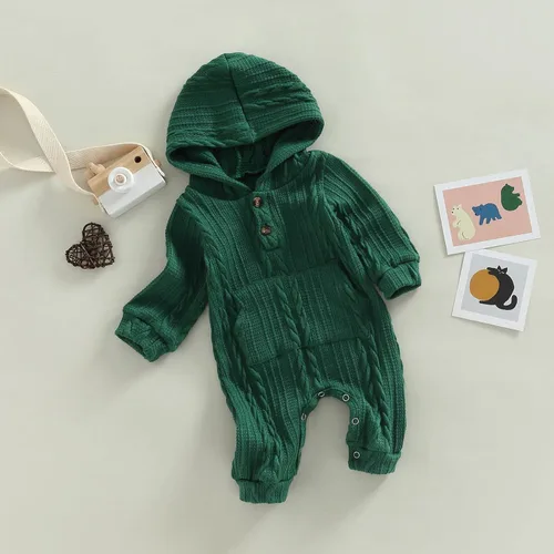 Vista 2 de Suéter de punto para niños y niñas, mameluco de manga larga con capucha y bolsillo