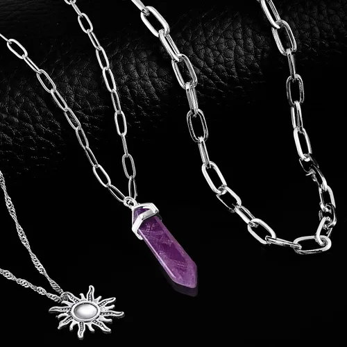 Vista 3 de MJartoria Collar de pentagrama de luna, collar de chakra de cristal, colgante, con dije, cadena de aleación multicapa, conjunto de gargantilla