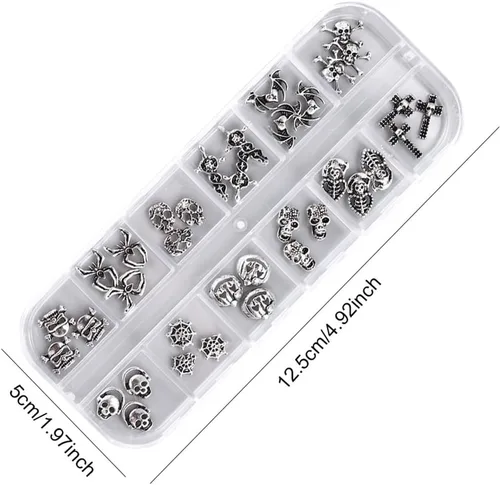Vista 6 de 36 dijes de uñas de Halloween, 12 estilos, plata, forma de calavera, aleación, metal plateado antiguo, decoración de uñas