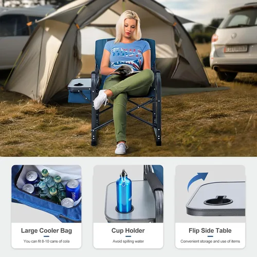 Vista 6 de LET'S CAMP Silla de director plegable de gran tamaño para exteriores, silla de campamento resistente con mesa auxiliar y bolsa enfriadora