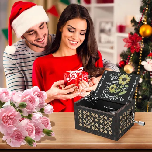 Vista 5 de Huntmic You are My Sunshine - Cajas de música de girasoles, manivela de madera grabada, caja musical antigua de regalo para niños, amigos, amantes