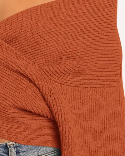 Vista 4 de BTFBM - Suéter casual para mujer con manga larga, cuello en V, frente cruzado, hombros descubiertos, dobladillo asimétrico, tejido de punto