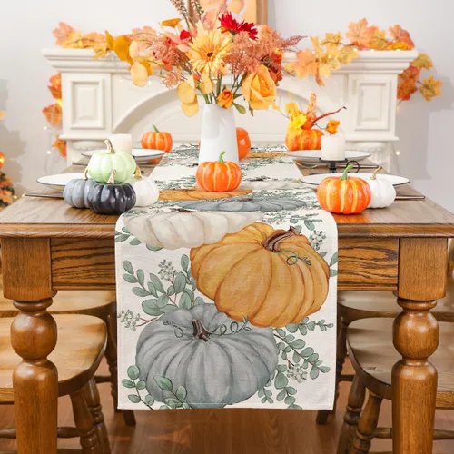 Vista 2 de Camino de mesa de otoño, eucalipto y calabaza, camino de mesa para otoño, Acción de Gracias, decoración de fiesta en el hogar, decoración de mesa