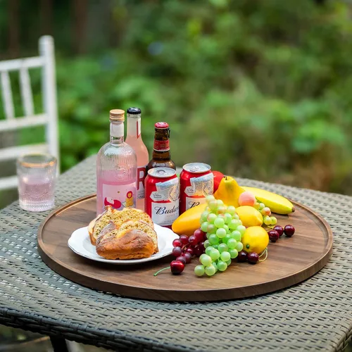 Vista 5 de Hanobe Bandeja otomana grande para servir: bandejas redondas de madera de 18 pulgadas, bandeja decorativa contemporánea para mesa de café, plato