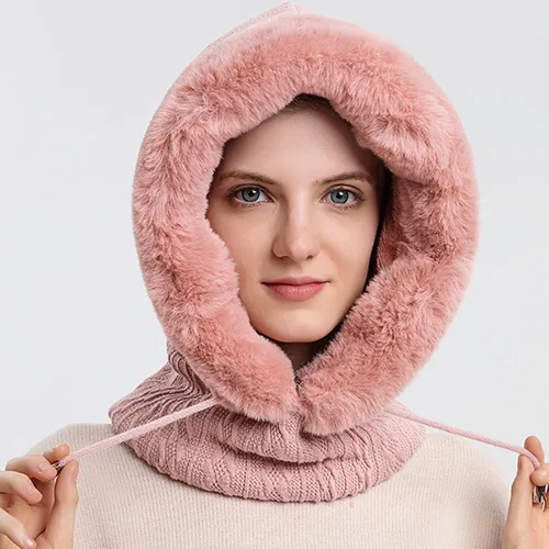 Vista 2 de Gorro de vellón para mujer de una pieza con capucha pasamontañas cálido invierno resistente al viento con cordón