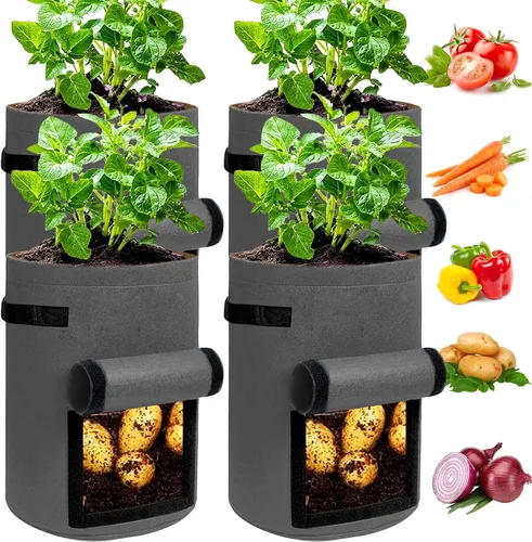 Vista 9 de JJGoo Juego de 2 bolsas de cultivo de patatas de 10 galones con solapa, bolsas de cultivo de tela resistentes con asa y ventana de cosecha, macetas