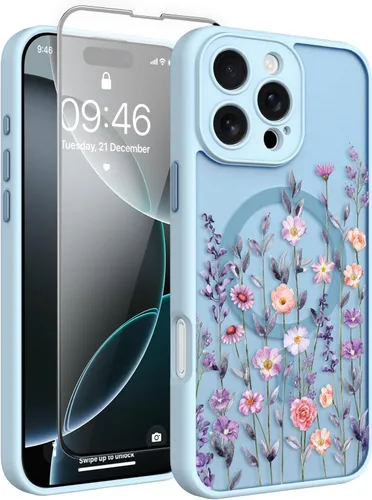 Vista 95 de Magnético para iPhone 13 con protector de pantalla [Compatible con MagSafe] Diseño de patrón floral de flores bonitas, funda delgada a prueba
