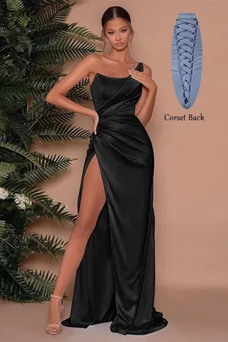 Vista 2 de Vestidos de fiesta de satén de un hombro para mujer, vestidos largos plisados para dama de honor con abertura, vestidos de noche formales