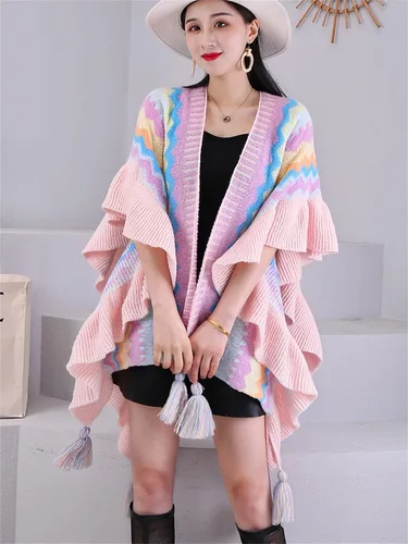 Vista 3 de SXLINGDO Poncho cruzado frontal tipo suéter de punto elegante capa de chales, cárdigan bohemio con borla para mujer
