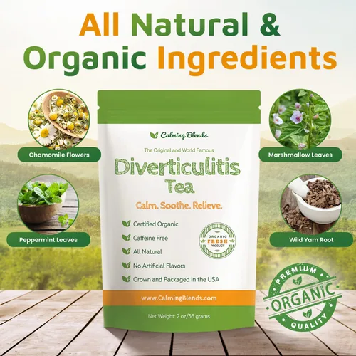 Vista 3 de Té para la diverticulitis y la diverticulosis natural, orgánico y sin cafeína Cultivados y envasados en los Estados Unidos.