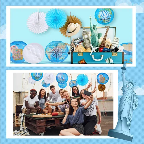 Vista 5 de Baquler 18 piezas de decoración de fiesta de viaje alrededor del mundo, Bon Voyage, linterna de papel colgante Let The Adventure Begin Fans