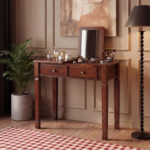 Vista 10 de Escritorio pequeño con juego de taburetes, mesa de tocador de maquillaje con espejo abatible y taburete tapizado, tocadores de madera maciza con 2