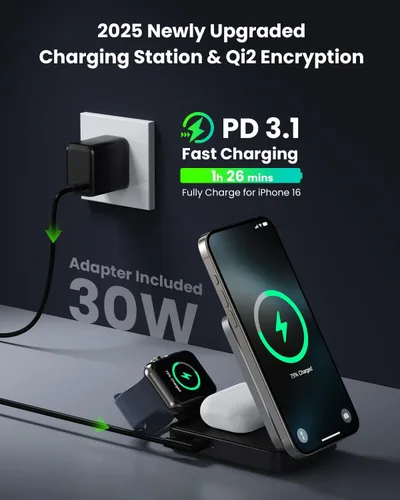 Vista 3 de Cargador Inalámbrico 3 en 1 Estación de Carga para iPhone, Soporte de Carga Magnético de 15W Certificado Qi2 para Mag-Safe con Adaptador USB C