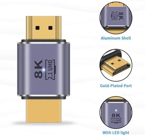 Vista 6 de Poyiccot Adaptador HDMI macho a macho 8K, adaptador HDMI 2.1 48Gbps UHD HDMI extensor de conector con luz LED, soporta 8K @60Hz 4K @120Hz 1080P
