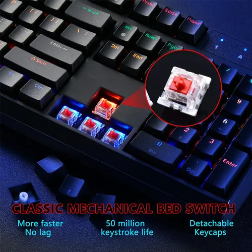 Vista 3 de Combo de teclado mecánico y mouse, teclado con cable RGB retroiluminado de 104 teclas para juegos y mouse con cable de 7 botones 4800 DPI para PC