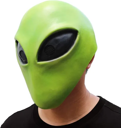 Vista 4 de PartyHop Máscara de cabeza de alienígena verde, máscara de látex para disfraz de fiesta de Halloween