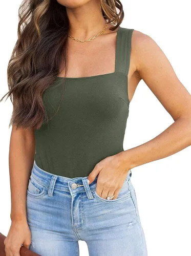 Vista 105 de Reoria - Camiseta sin mangas sexy tipo body con escote cuadrado para mujer, ropa para discoteca