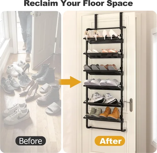 Vista 5 de bukfen Organizador de Zapatos sobre la puerta, zapatero ajustable de 6 niveles montado en la puerta o en la pared, almacenamiento de metal