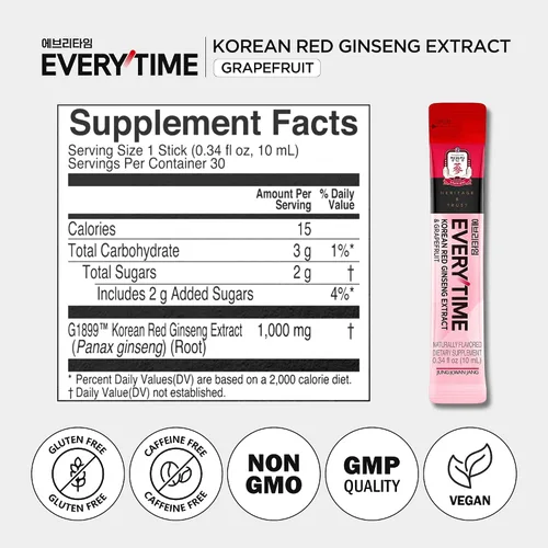 Vista 8 de JUNG KWAN JANG Everytime - Extracto de ginseng rojo coreano de 1,000 mg y pomelo – Bebida energética vegana con raíz de ginseng en sobres líquidos