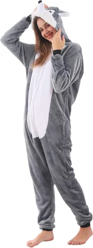 Vista 8 de ZOBAYOP Pijama unisex con capucha de animales para adultos para mujeres y hombres, disfraz de Halloween, cosplay, husky