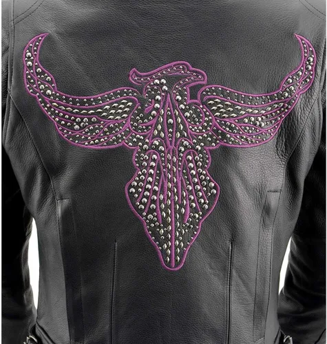 Vista 2 de Milwaukee Leather MLL2570 Chaqueta de Cuero para Motocicleta Negra 'Phoenix Embroidered' para Mujer